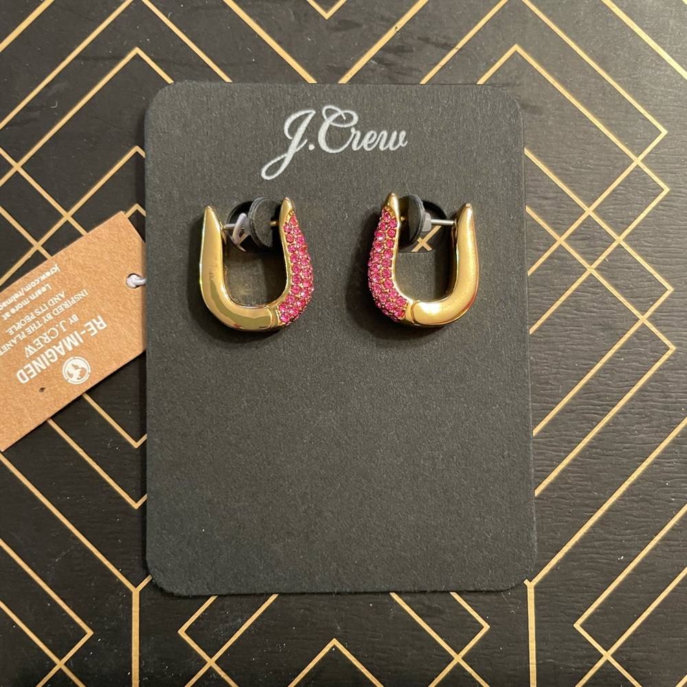 -J.CREW Pave’ Ball Huggie Hoop Earrings NWT OS Decorative Pink Gold